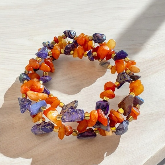 Handmade Jewelry - Handmade Chunky Orange Quartz, Hematite w/Purple Imperial Jasper Wrap Bracelet